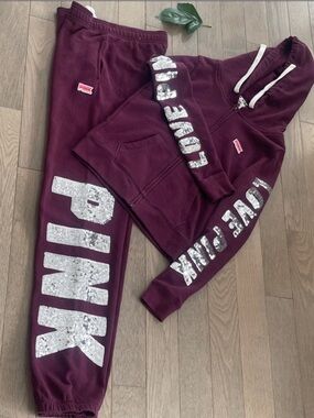 Pink Maroon Hoodie & Sweatpants Set - 'Love Pink’ With Sequence & Logo, Small/Xs